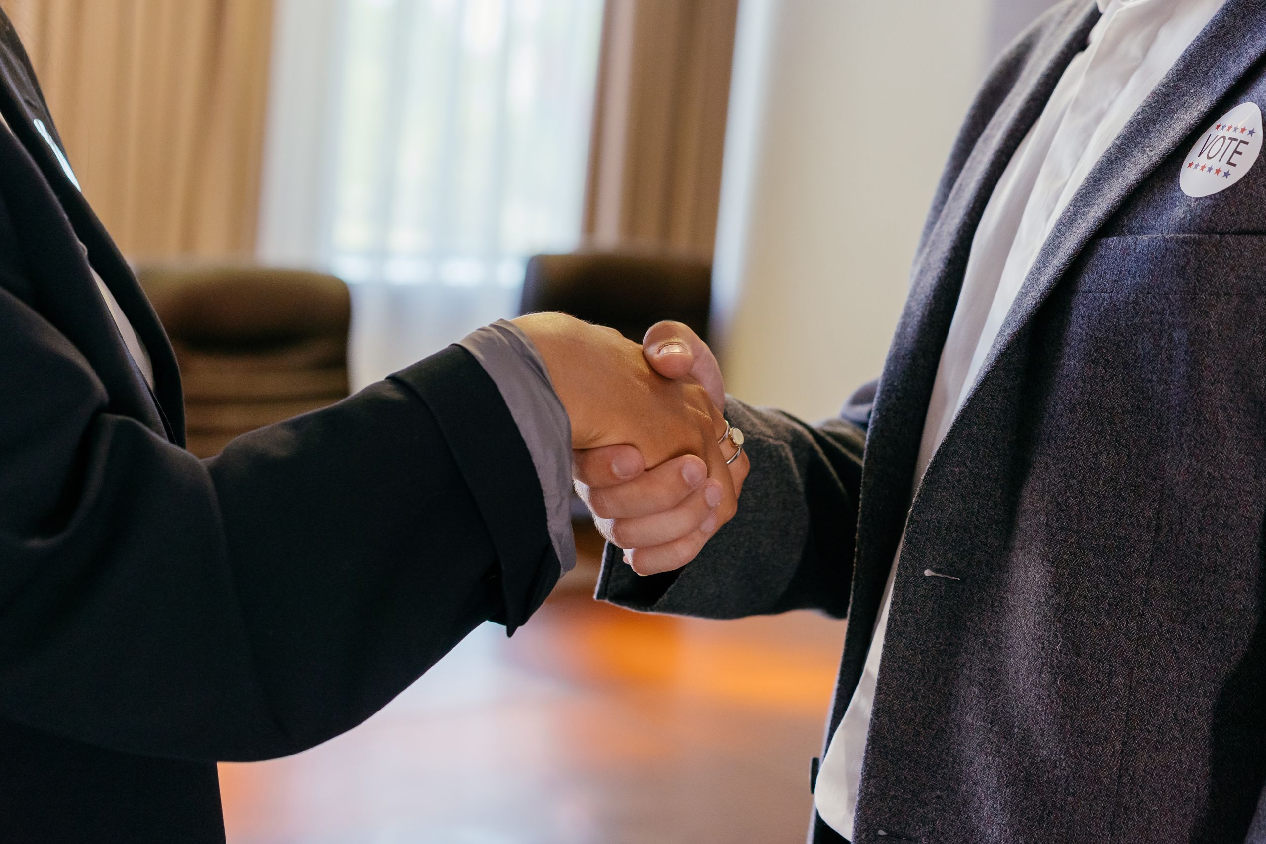 Close-up of a business handshake symbolizing partnership and agreement.